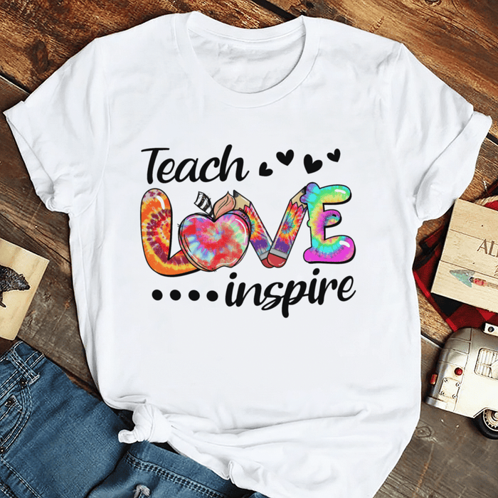 Classic T-Shirt For Teacher Teach Inspire Tie Dye Apple Design Pencil Print Custom Name Back To School Outfit