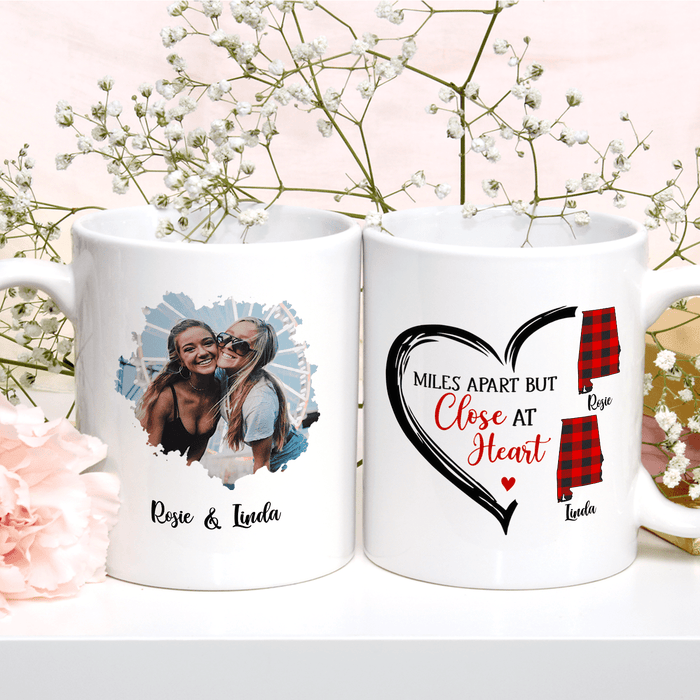 Personalized Coffee Mug For Besties Miles Apart But Close At Heart Plaid Custom Name Photo Cup Long Distance Touch Gifts