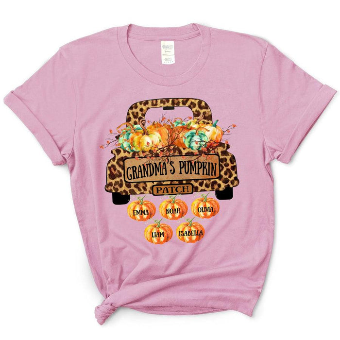 Personalized T-Shirt Grandma's Pumpkin Patch Pumpkin Truck And Leaves Leopard Design  Custom Grandkids Name Fall Shirt