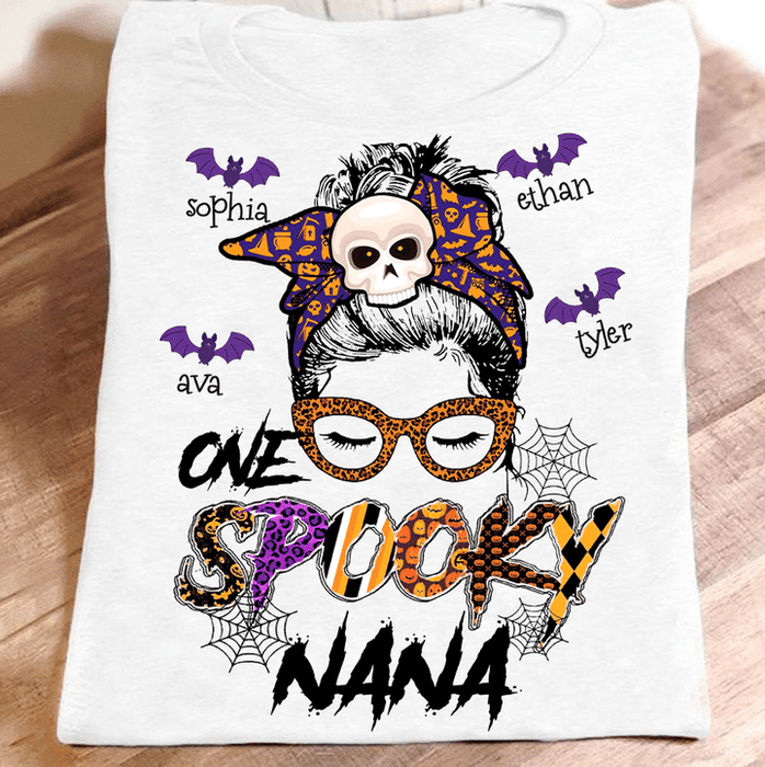 Personalized T-Shirt For Grandma One Spooky Nana Messy Bun Hair Skeleton Headband With Bat Printed Custom Grandkids Name