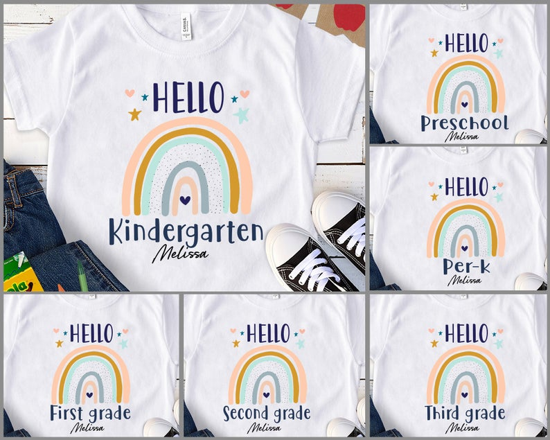Personalized T-Shirt For Kids Back To School Hello Kindergarten Boho Rainbow Heart Printed Custom Grade Level & Name