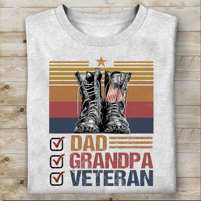 Classic T-Shirt For Dad Grandpa Veteran Military Shoes US Flag Dog Tag Printed Retro Vintage Shirt For Veteran Day