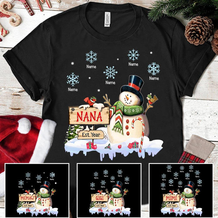 Personalized T-Shirt For Grandma Nana Est. Year Snowman With Snowflake Printed Custom Grandkids Name Christmas Shirt