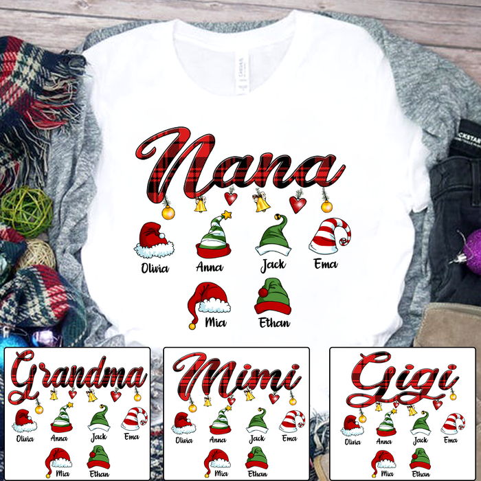 Personalized Christmas T-Shirt For Grandma Nana Print Cute Santa & Elf Hat Custom Grandkids Name