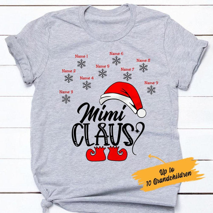 Personalized Mimi Claus Christmas T Shirt For Grandma Cute Santa Elf With Grandkids Name Holiday Tee Graphic