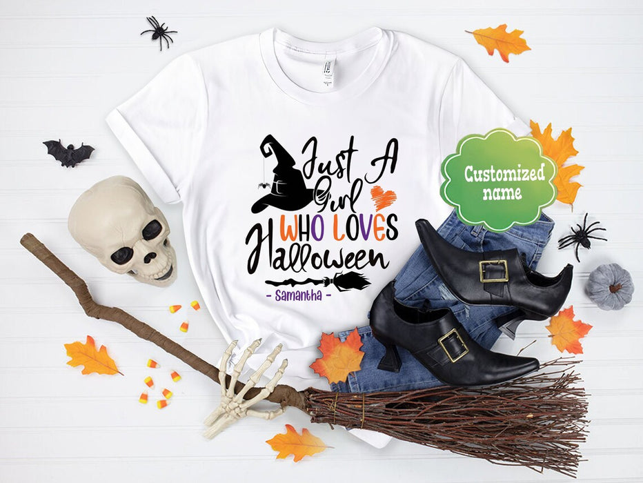 Personalized T-Shirt For Women Just A Girl Who Loves Halloween Witch Hat & Broom Printed Custom Name Shirt For Halloween