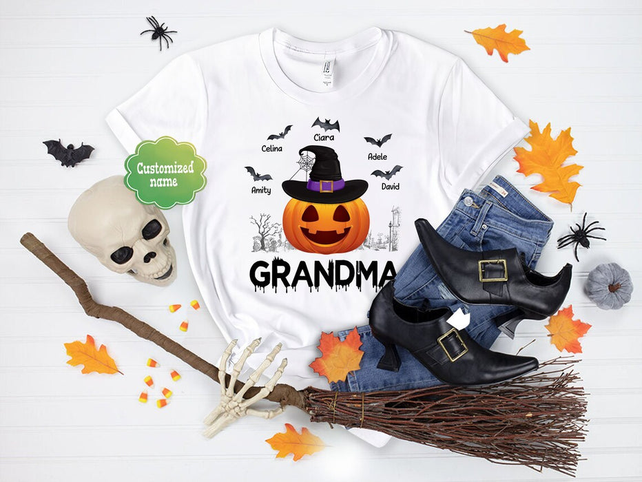 Personalized T-Shirt For Grandma Lantern Pumpkin With Witch Hat & Bat Printed Custom Grandkids Name Shirt For Halloween