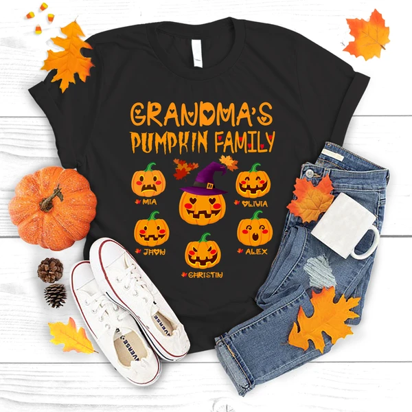 Personalized T-Shirt Grandma's Pumpkin Family Cute Pumpkin Maple Leaves Printed Custom Grandkids Name Halloween Shirt