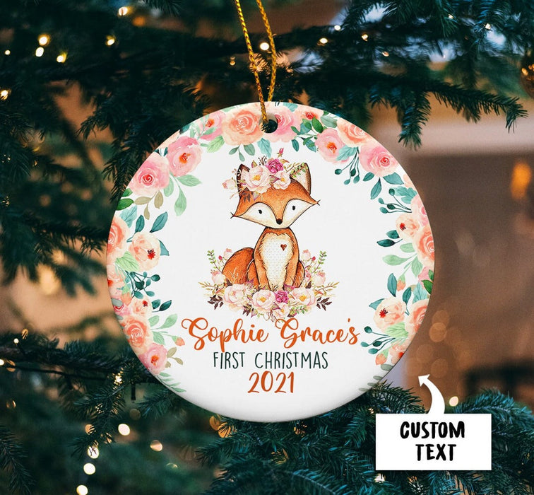 Personalized Circle Ornament For Baby Girl First Christmas Cute Baby Red Fox With Flower Printed Custom Name & Year