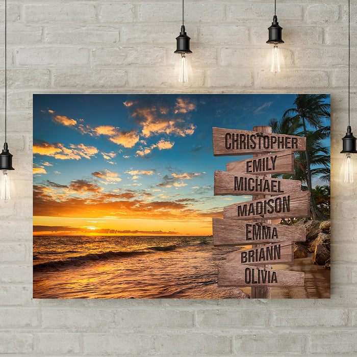 Personalized Matte Canvas For Family Sunset On The Beach Street Sign With Multi Names Printed