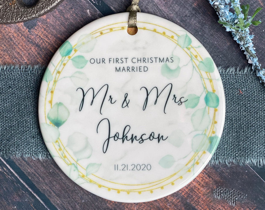 Personalized First Christmas Married Ornament For Couple Custom 1st As Mr & Mrs Keepsake Pink And Gold Wreath Ornament