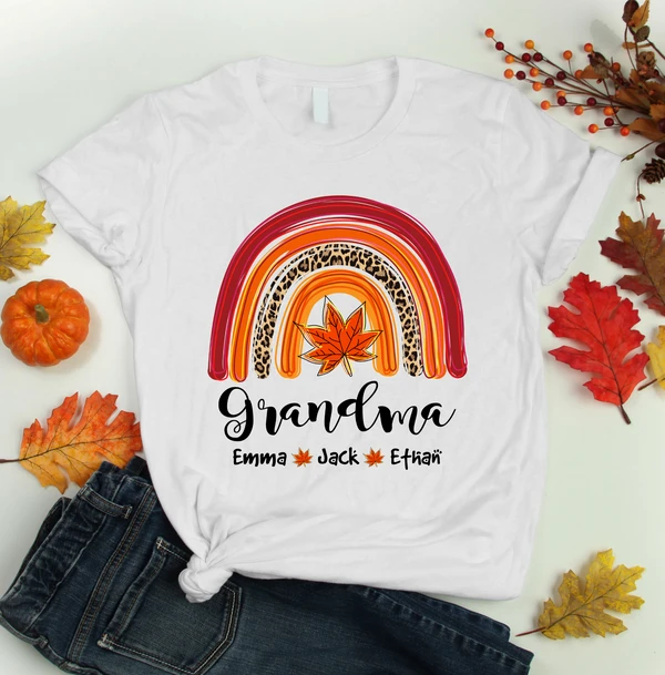 Personalized T-Shirt For Grandma Leopard Rainbow With Maple Leaves Printed Autumn Design Custom Grandkid's Name