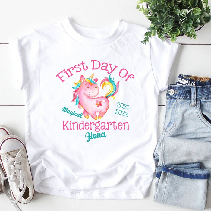 Personalized T-Shirt For Kids First Day Of Magical Kindergarten Cute Unicorn Custom Name Grade Level & School Year