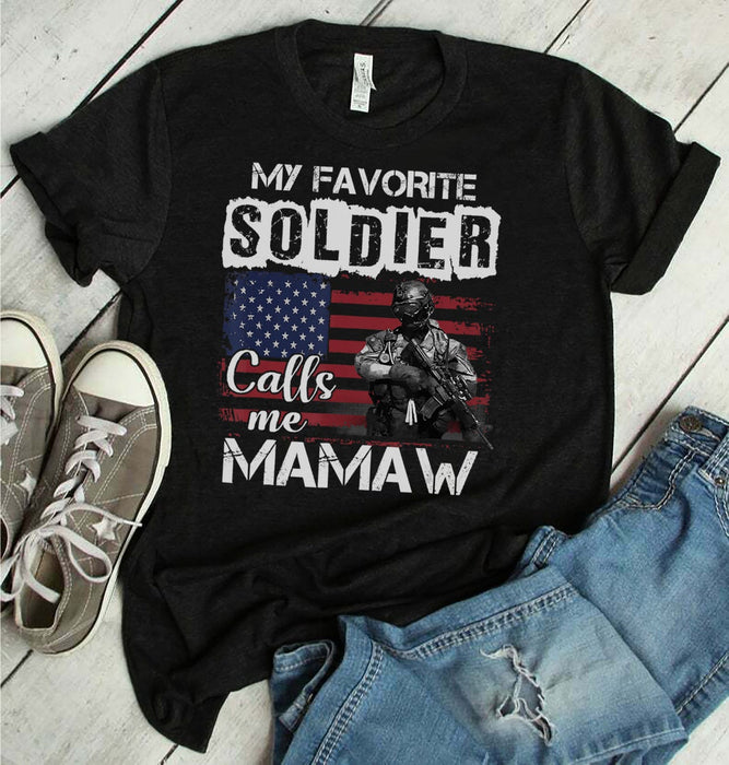 Personalized T-Shirt For Mom My Favorite Soldier Calls Me Mamaw American Soldier US Flag Printed Patriotic Shirt