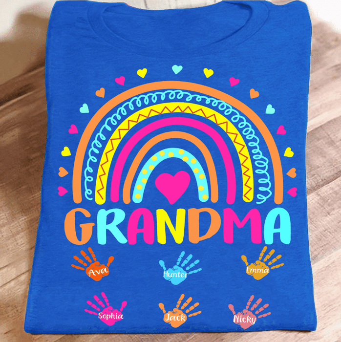 Personalized T-Shirt For Grandma Colorful Rainbow Heart With Cute Handprint Printed Custom Grandkid's Name