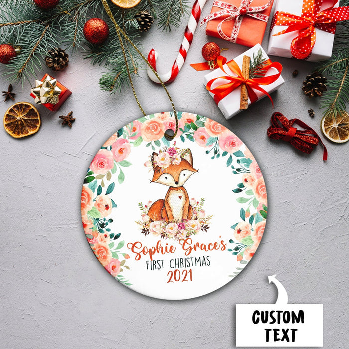 Personalized Circle Ornament For Baby Girl First Christmas Cute Baby Red Fox With Flower Printed Custom Name & Year