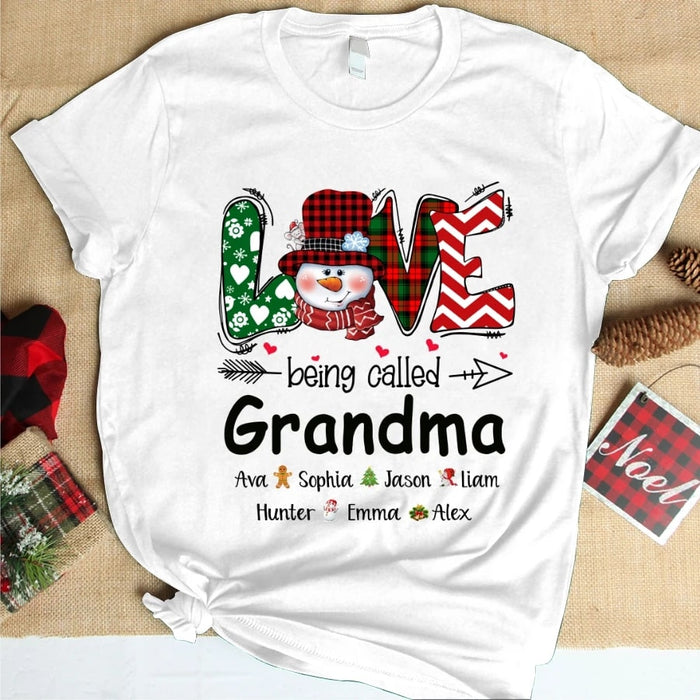 Personalized T-shirt Love Being Called Grandma Cute Snowman With Hat & Scarf Printed Plaid Design Custom Grandkids Name