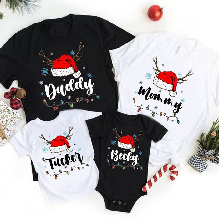 Personalized Matching Shirt For Family Christmas Design With Santa Hat Reindeer & Lights Custom Name Or Title