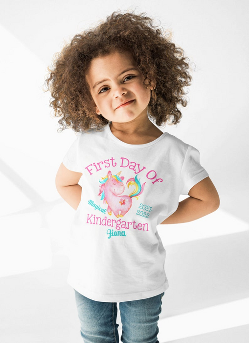 Personalized T-Shirt For Kids First Day Of Magical Kindergarten Cute Unicorn Custom Name Grade Level & School Year