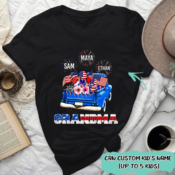 Personalized T-Shirt For Grandma Floral Truck American Flag Fireworks Printed Custom Grandkid's Name Patriotic Shirt