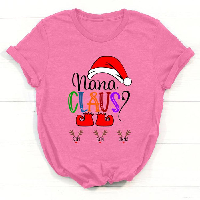 Personalized Christmas T-Shirt For Grandma Nana Claus Santa Claus & Reindeer Printed Custom Grandkids Name