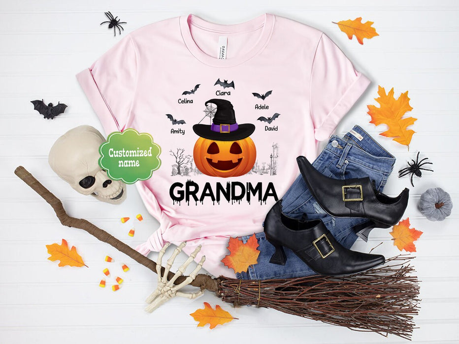 Personalized T-Shirt For Grandma Lantern Pumpkin With Witch Hat & Bat Printed Custom Grandkids Name Shirt For Halloween