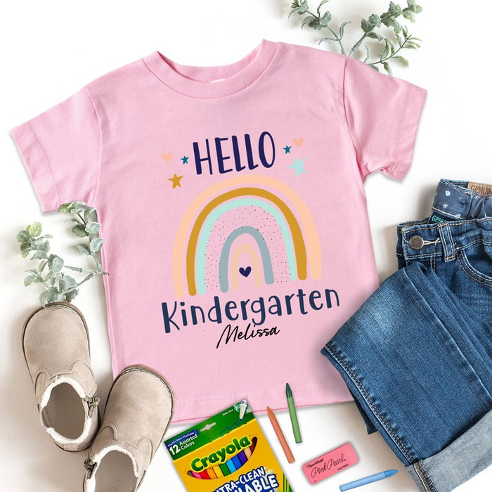 Personalized T-Shirt For Kids Back To School Hello Kindergarten Boho Rainbow Heart Printed Custom Grade Level & Name