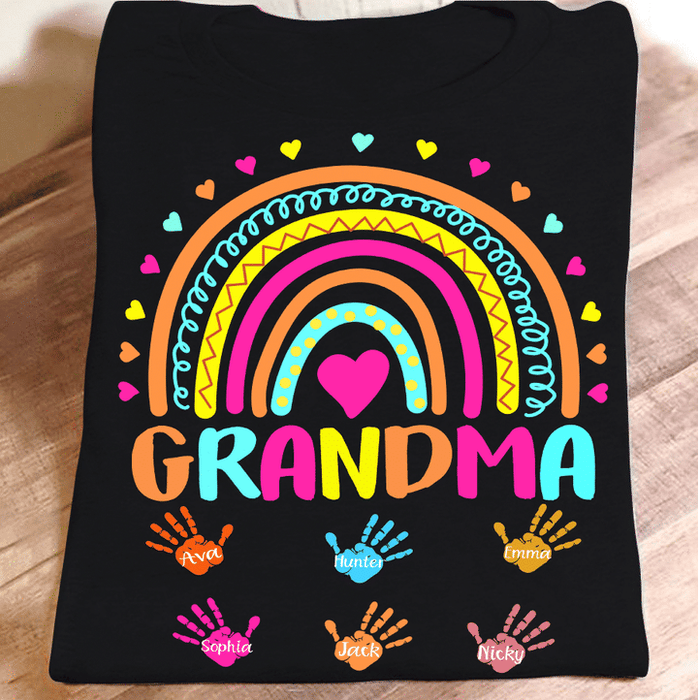 Personalized T-Shirt For Grandma Colorful Rainbow Heart With Cute Handprint Printed Custom Grandkid's Name
