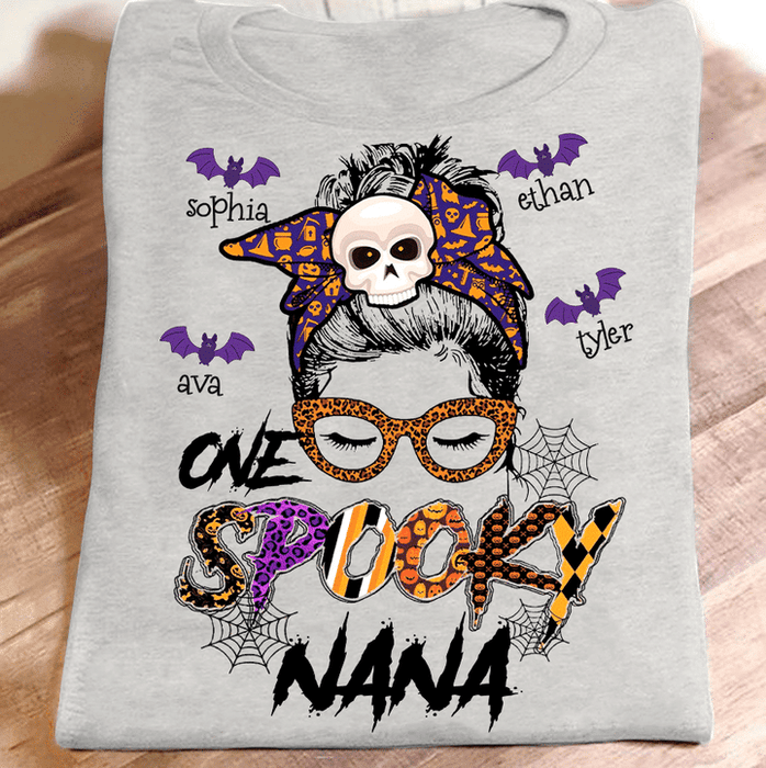 Personalized T-Shirt For Grandma One Spooky Nana Messy Bun Hair Skeleton Headband With Bat Printed Custom Grandkids Name