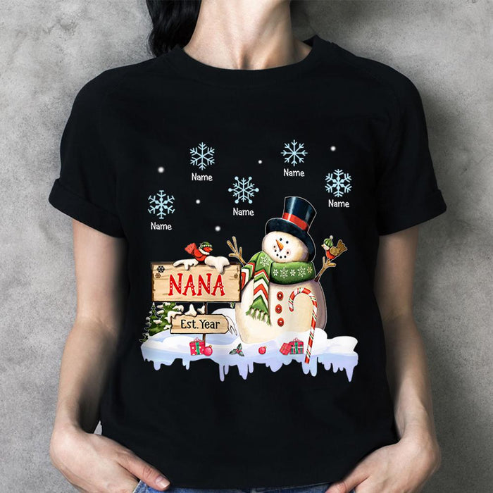 Personalized T-Shirt For Grandma Nana Est. Year Snowman With Snowflake Printed Custom Grandkids Name Christmas Shirt