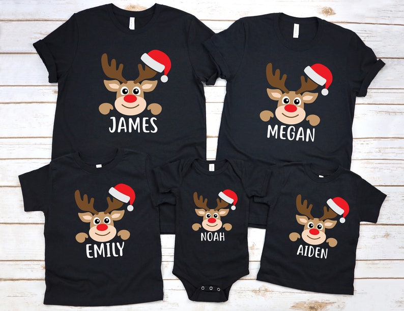 Personalized Matching Family Christmas Shirt Cute Reindeer Printed Custom Name Holiday Matching Pajamas