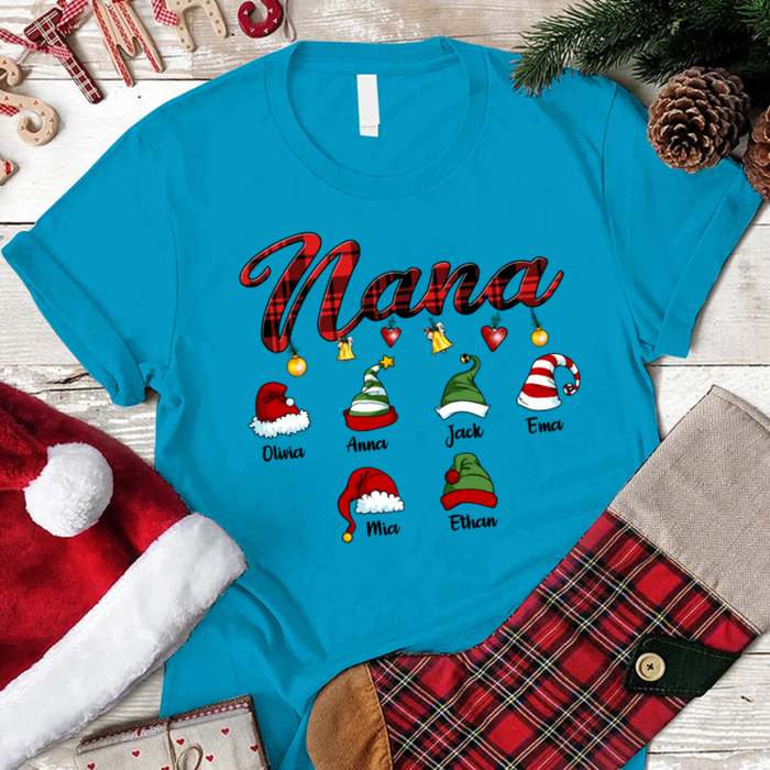 Personalized Christmas T-Shirt For Grandma Nana Print Cute Santa & Elf Hat Custom Grandkids Name