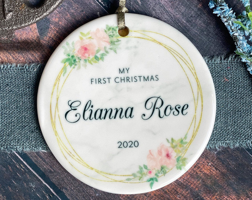 Personalized Baby Girl First Christmas 2021 Ornament For Kids Floral Marbled Pink Wreath Ornament Xmas Tree Decor