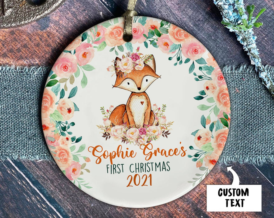 Personalized Circle Ornament For Baby Girl First Christmas Cute Baby Red Fox With Flower Printed Custom Name & Year