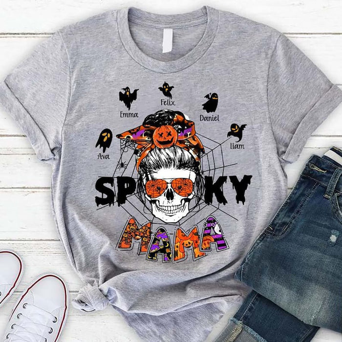 Personalized T-Shirt For Grandma Spooky Mama Messy Bun Hair Skull With Pumpkin & Ghost Printed Custom Grandkid's Name