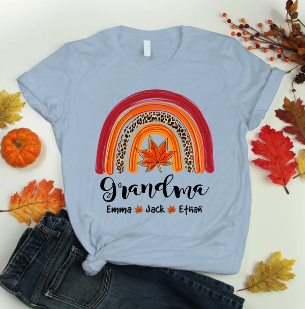Personalized T-Shirt For Grandma Leopard Rainbow With Maple Leaves Printed Autumn Design Custom Grandkid's Name