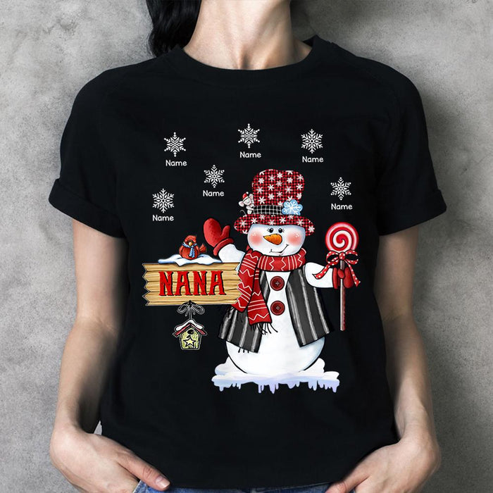 Personalized T-Shirt For Grandma Nana Snowman With Snowflakes Printed Custom Grandkids Name Red Buffalo Plaid Design