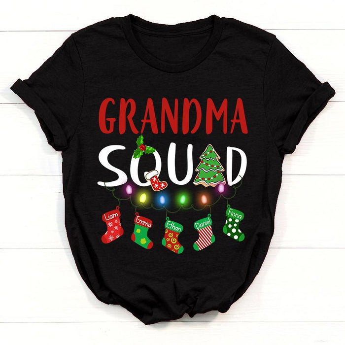 Personalized T-Shirt Grandma Squad Christmas Design With Socks Lights Tree Printed Custom Grandkids Name