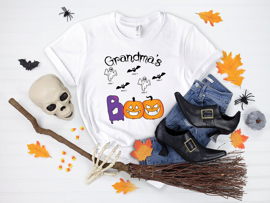 Personalized T-Shirt Grandma's Boo Cute Pumpkin Ghost And Bat Printed Custom Grandkids Name Shirt For Halloween
