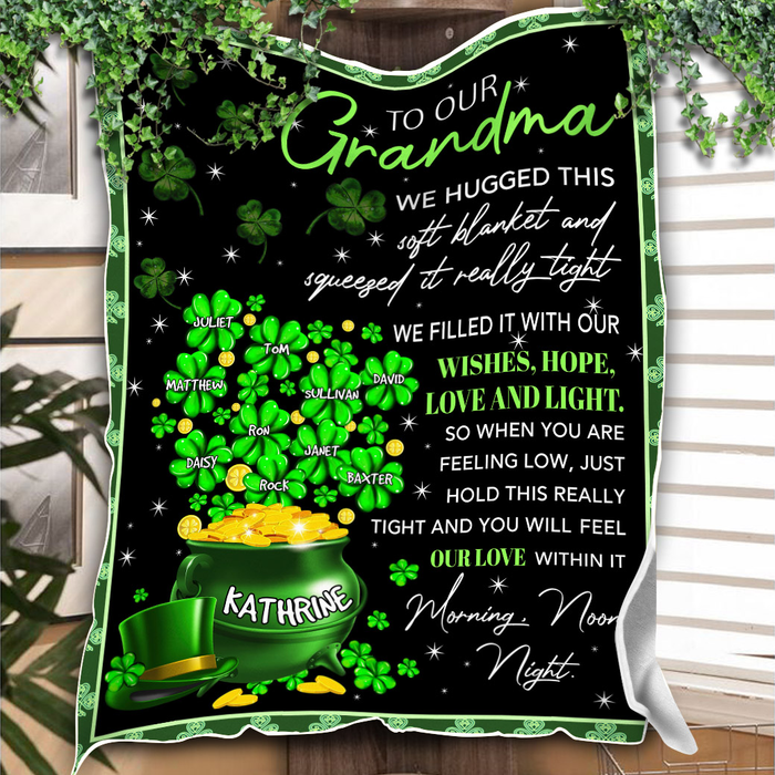 Personalized Fleece Blanket For Grandma For Patricks Day Heart With 4 Leaf Clover Custom Grandkids Name