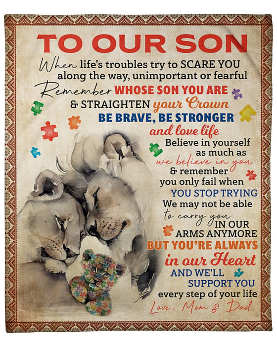 Personalized To My Son Blanket From Mom Dad Custom Name Lion Family Puzzle Be Brave Be Stronger Gifts For Birthday