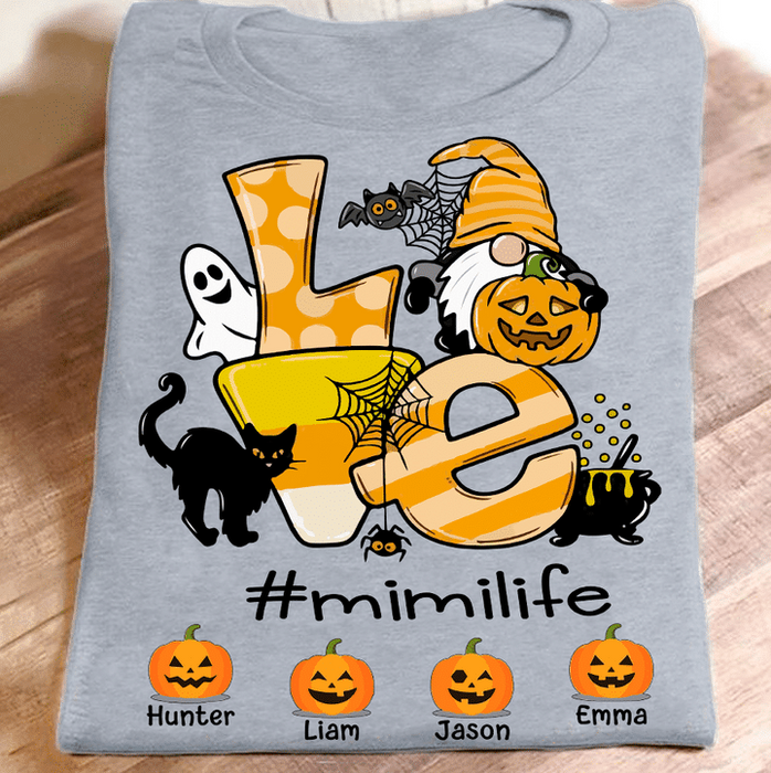 Personalized T-Shirt For Grandma Love Hashtag Mimi Life Gnome Pumpkin Ghost Black Cat Printed Custom Grandkid's Name