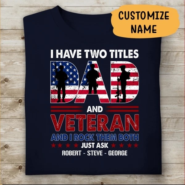 Personalized T-Shirt For Dad I Have Two Titles Dad And Veteran US Flag Printed Custom Kid's Name
