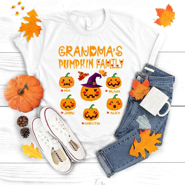 Personalized T-Shirt Grandma's Pumpkin Family Cute Pumpkin Maple Leaves Printed Custom Grandkids Name Halloween Shirt