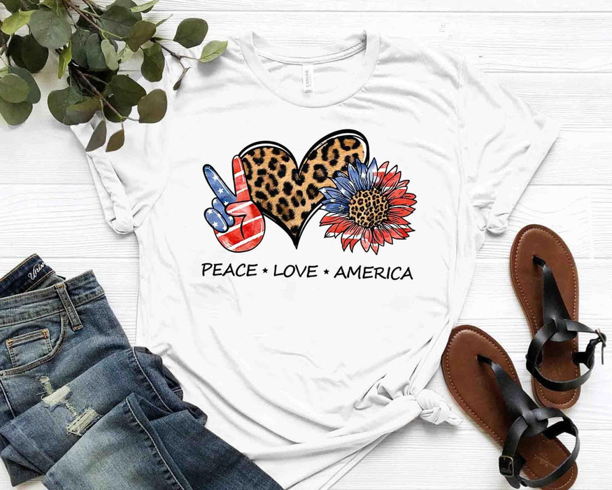 Classic Unisex T-Shirt For Men Women Peach Love America Hand Sign Heart & Sunflower Red White Blue Leopard Design Shirt