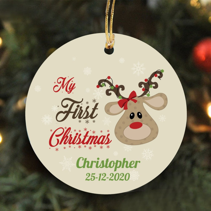 Personalized Baby's First Christmas Reindeer Ornament Custom Name And Date Circle Ornament Hanging Tree Decor
