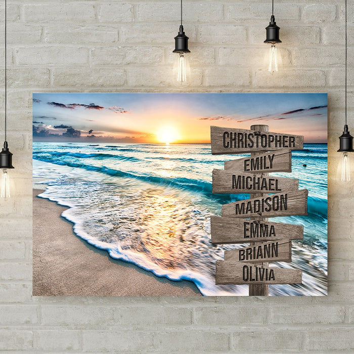 Personalized Matte Canvas For Family Sunset Beach Ocean Canvas Custom Family Name Street Sign Canvas Poster