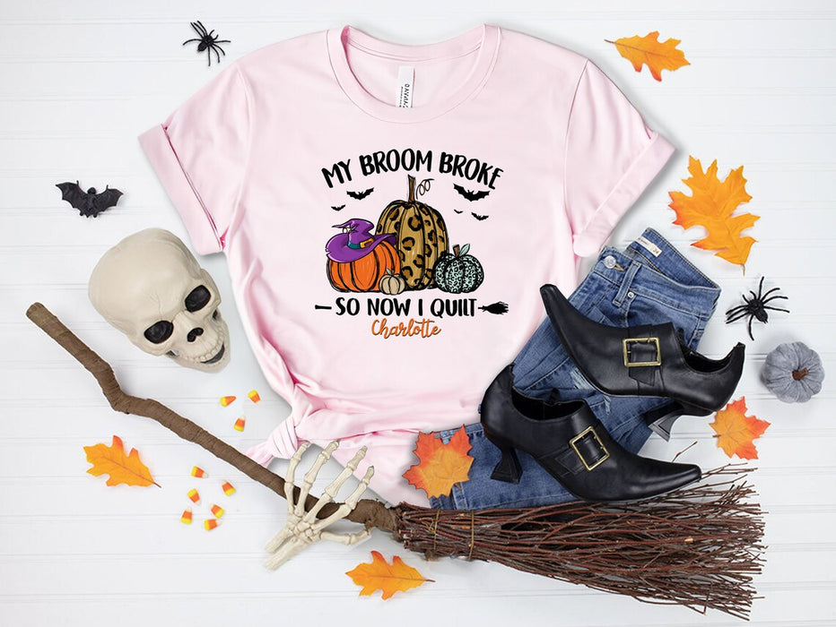 Personalized T-Shirt For Women My Broom Broke So Now I Quit Leopard Pumpkin With Witch Hat Printed Custom Name