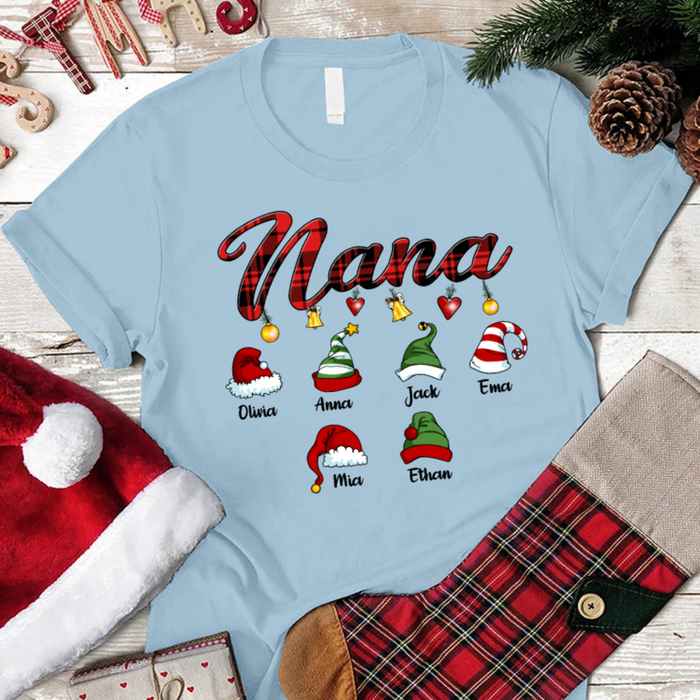 Personalized Christmas T-Shirt For Grandma Nana Print Cute Santa & Elf Hat Custom Grandkids Name