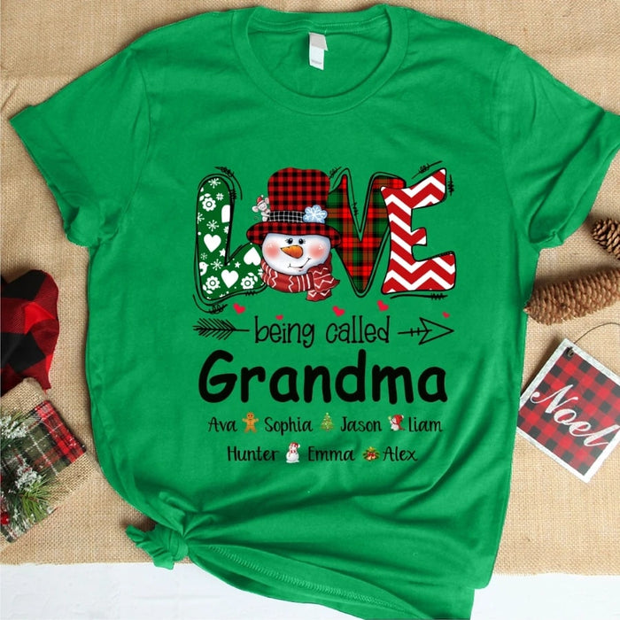 Personalized T-shirt Love Being Called Grandma Cute Snowman With Hat & Scarf Printed Plaid Design Custom Grandkids Name